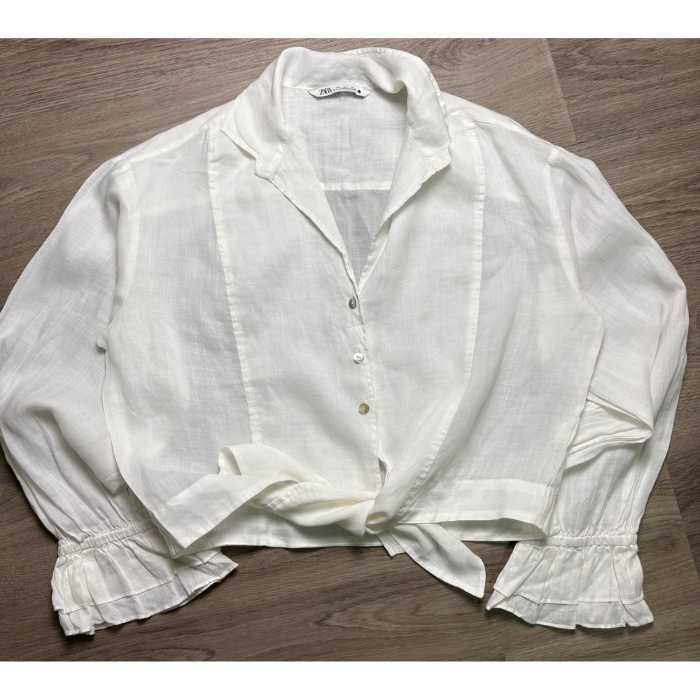 Zara White Ramie Tie Front Crop Blouse Ruffle Cuff Long Sleeve L Boho Feminine - Picture 5 of 13